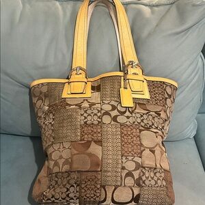 Coach Signature Y2K Patchwork Canvas Patent Leather Trim Double Handles Tote Bag